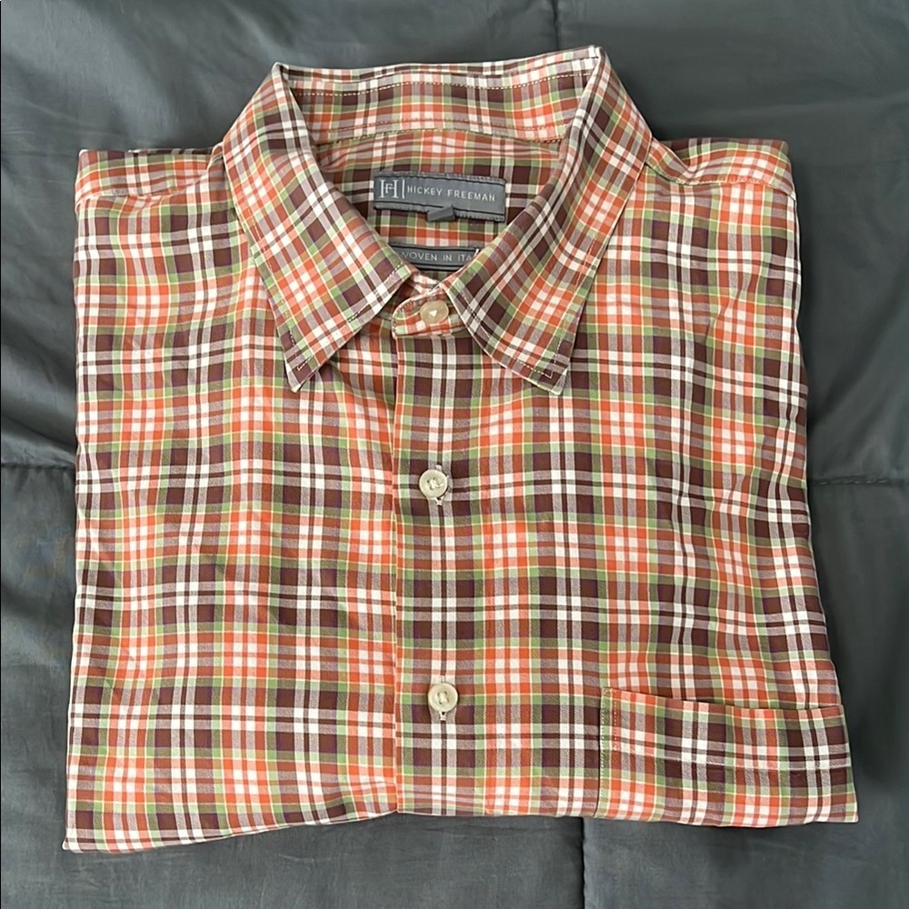 Hickey Freeman Orange Plaid Casual Button Down Shirt Size XXL